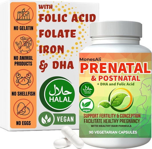 Prenatal Vitamins for Women | Postnatal | Vegan, Halal Gelatin Free | with Folate, Iron & Biotin | Supports Pregnancy, Postpartum Energy & Hair Health, 90 Count