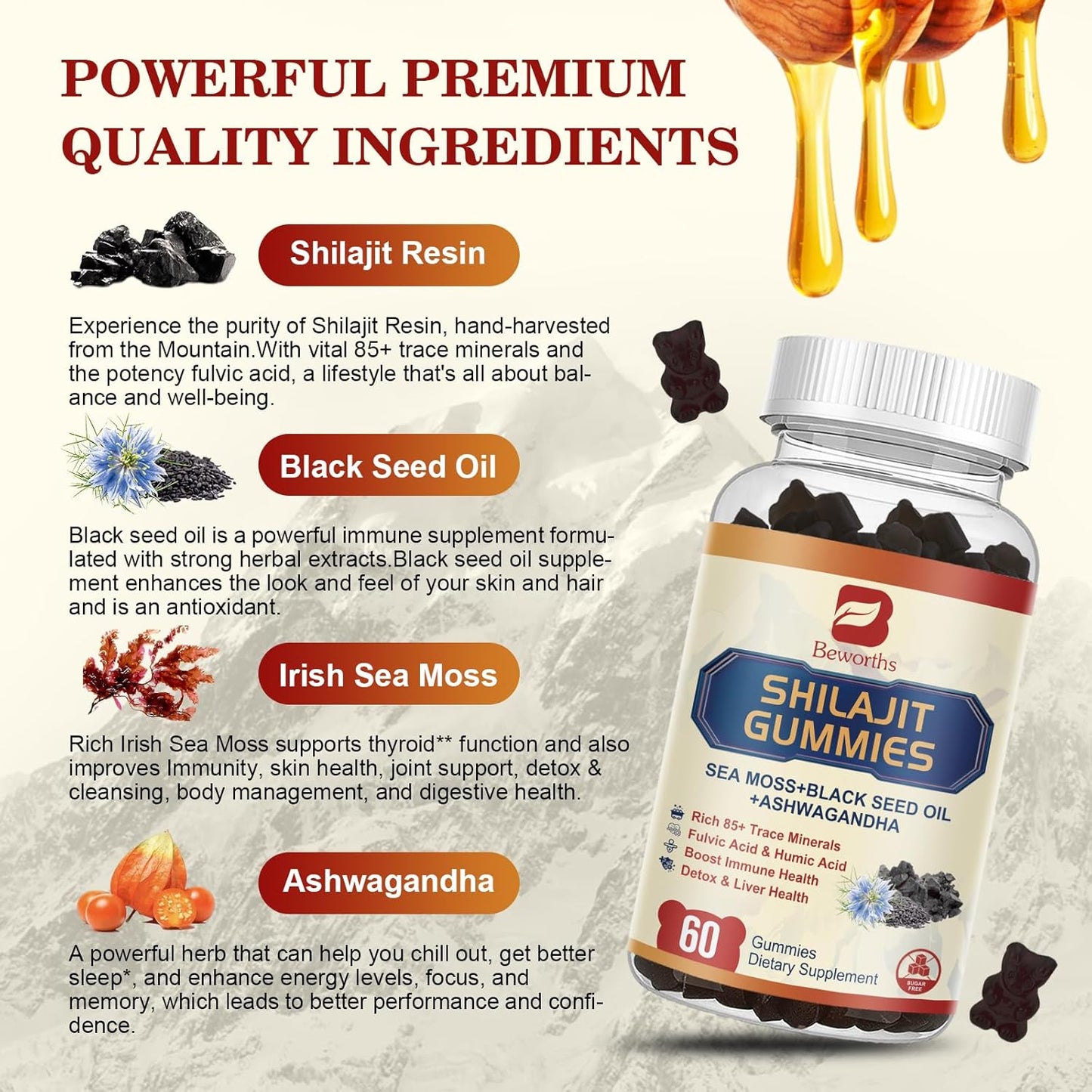 2Pack Shilajit Resin Gummies, Shilajit Sea Moss Supplement with Ashwagandha Ginger, Honey, Black Seed Oil, Panax Ginseng, Shilajit with 85+ Trace Minerals & Fulvic Acid for Energy, Digestion Health