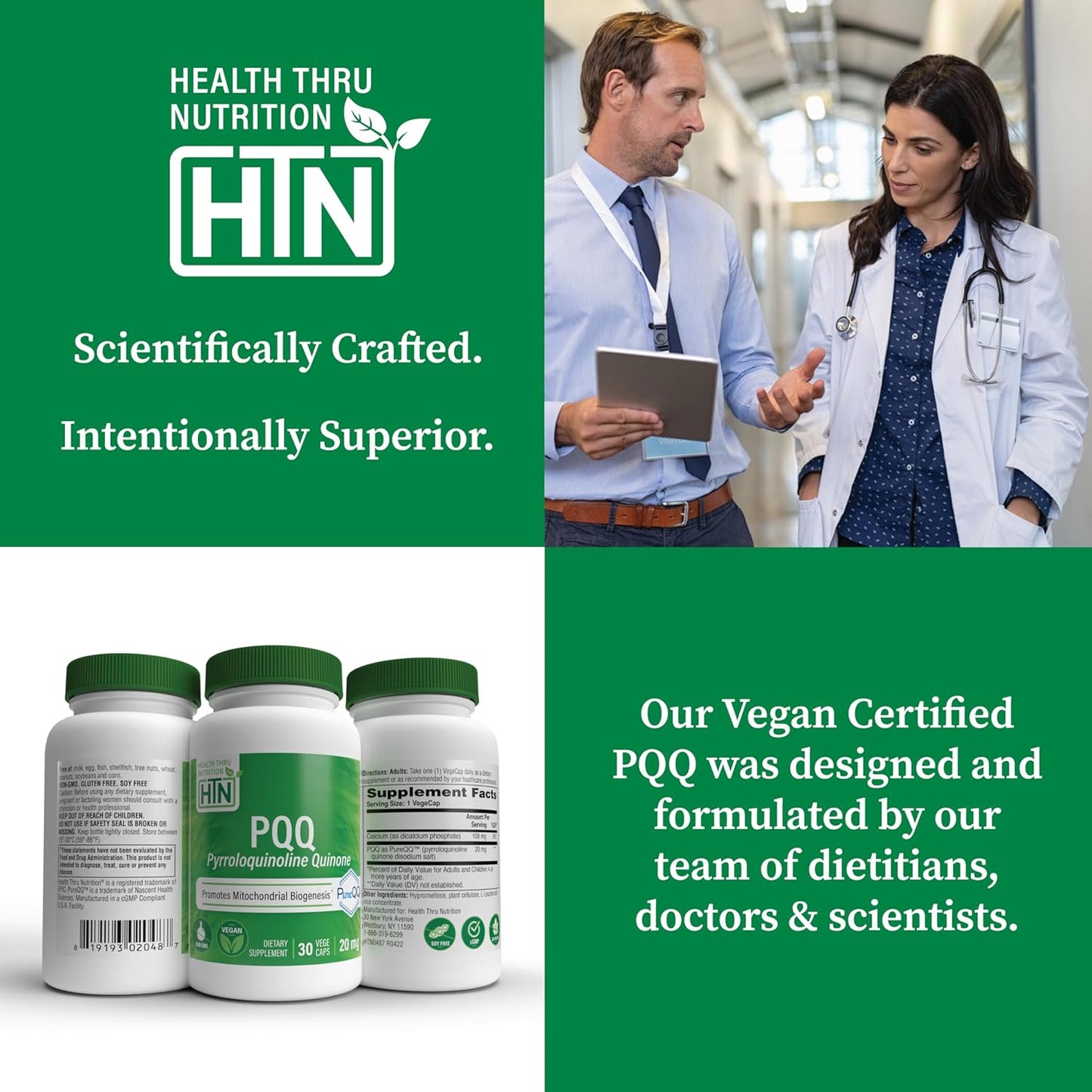 Health Thru Nutrition PQQ 20mg 30 Servings Pyrroloquinoline Quinone as PureQQ | Promotes Mitochondrial Biogenesis | Certified Vegan | Non-GMO Gluten Soy Free Capsules| Clean Label PQQ Supplement