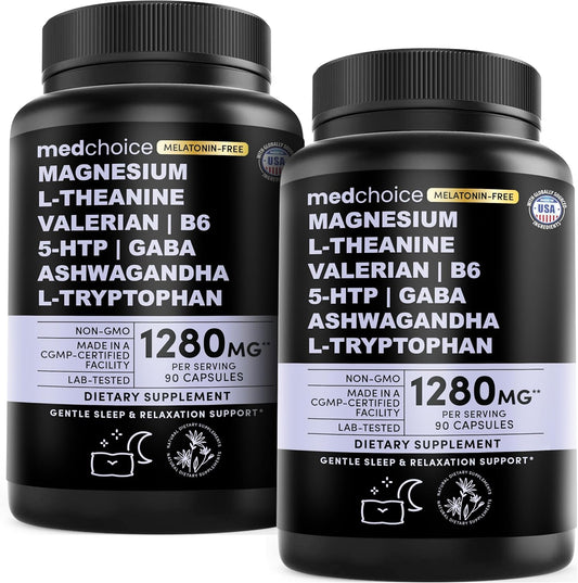 12-in-1 Sleep Support Capsules - Melatonin-Free, Non-Habit Forming Sleep Supplement with a Balanced Blend of Magnesium, Ashwagandha, L-Tryptophan, Valerian Root, GABA, 5-HTP (90 Capsules, Pack of 2)