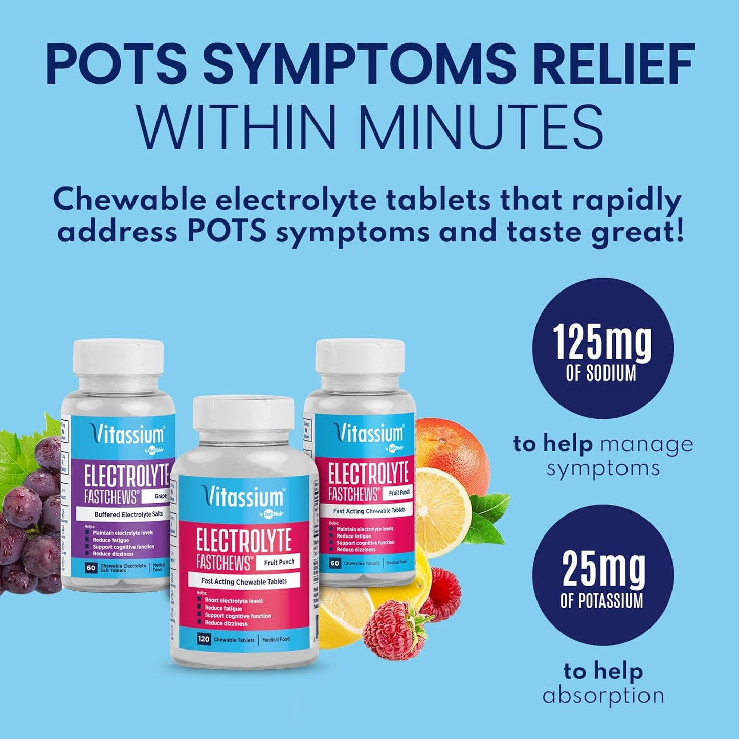 Vitassium FastChews, Chewable Electrolyte Tablets for Management of POTS and High Sodium Diets, Fast-Acting Sodium Tablets, Fruit Punch, 120 Count