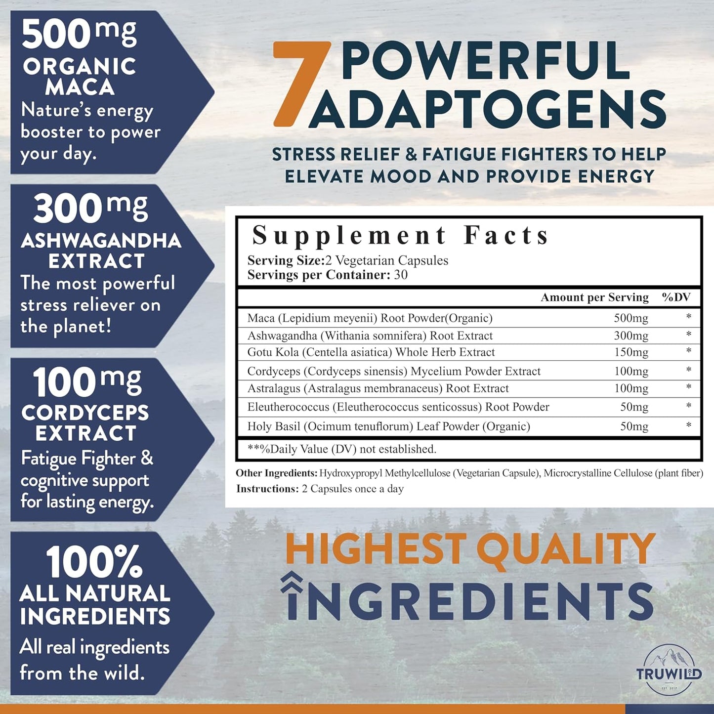 TruWild Adaptogen Blend with Cordyceps Maca Ashwagandha - Full Spectrum Mushroom Blend for Daily Support and Function, All Natural Formula with 7 Key Ingredients, 60 Capsules