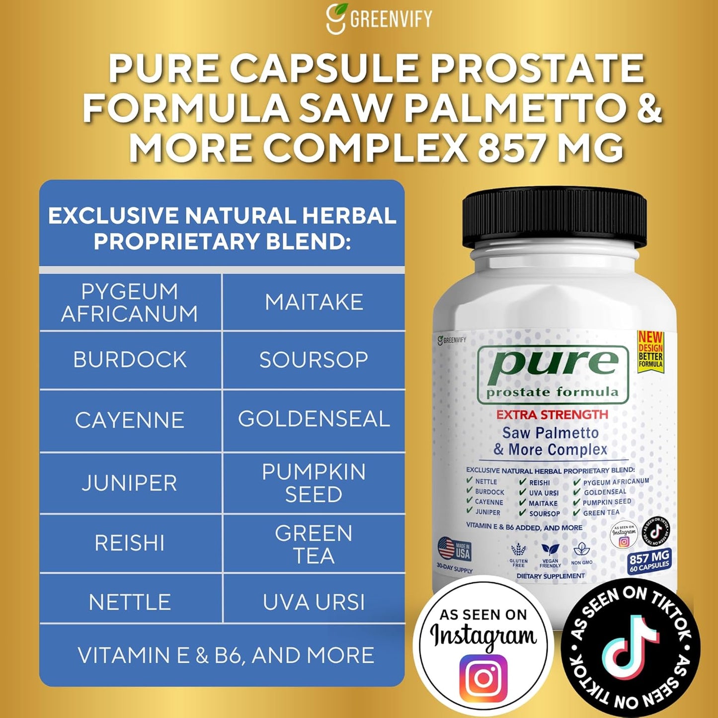 Pure Prostate Formula Saw Palmetto & More Complex 857 mg Prostate Supplements for Men Capsules, Health Supplements - Maximum Strength, All Natural to Support Normal & Healthy Function (1)