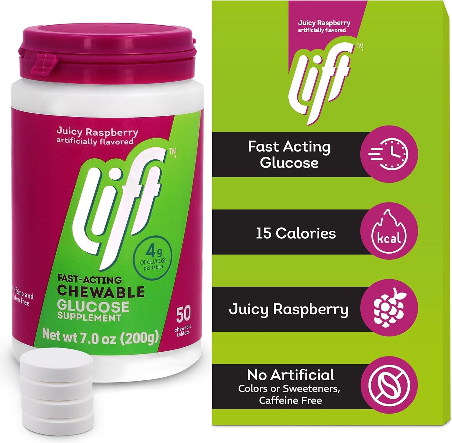 Lift Glucose | Fast-Acting Glucose Chewable Energy Tablets | Raspberry | 50 ct Jar (Pack of 6)
