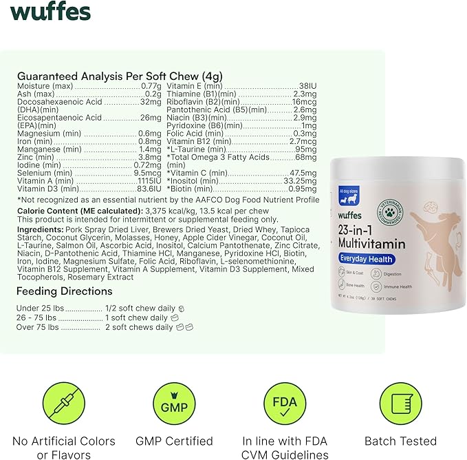 Wuffes 23-in-1 Dog Multivitamin Supplement for Hip & Joint, Skin & Coat and Immune System Support with Omega 3, Iron, Zinc, Vitamin C - Minerals & Vitamins for Senior Dogs and Puppies - 60 Soft Chews