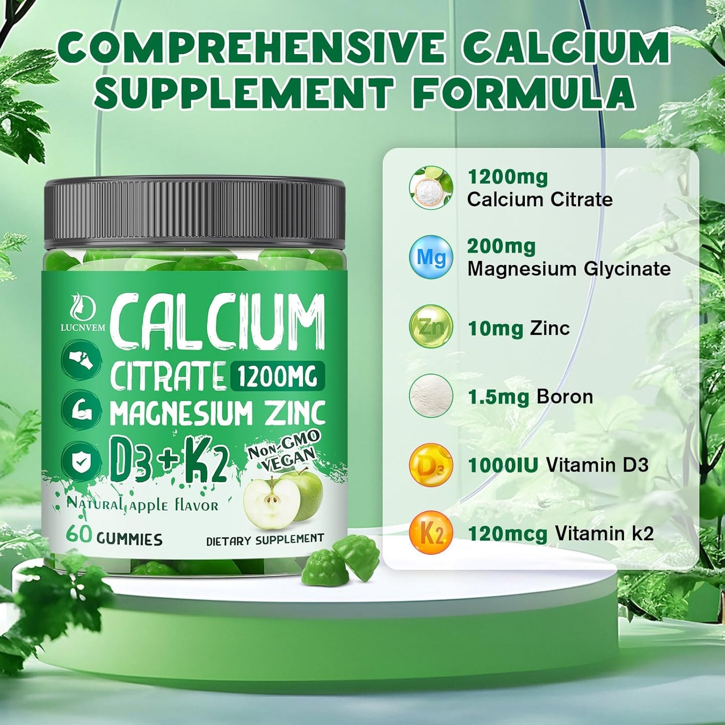 (2 Pack) Calcium Citrate 1200 mg with Vitamin D3 Gummies for Women & Men, Calcium Magnesium Zinc with Vitamin D3 K2 Supplement for Bone & Teeth Support, Natural Apple Flavor - 60 Day Vegan Supply