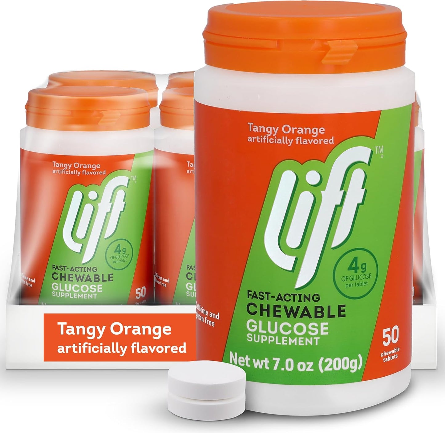 Lift Glucose Fast-Acting Glucose Chewable Energy Tablets, Orange, 50 ct Jar (Pack of 6)