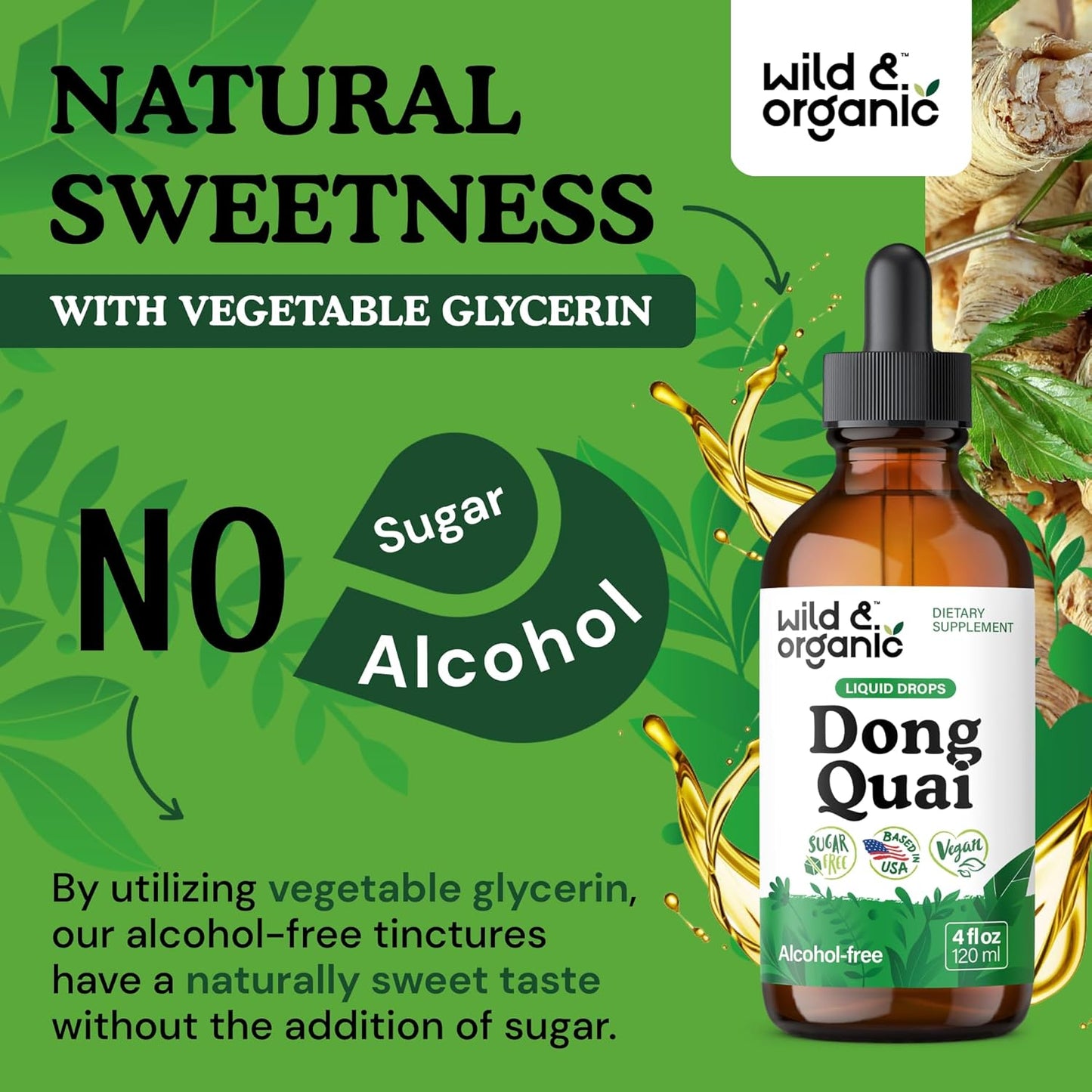 Wild & Organic Dong Quai Supplement for Women - 500 mg Dong Quai Root Extract for Women's Health - Angelica Root Herb Tincture - Female Ginseng Liquid Extract - No Sugar & Alcohol - 4 fl oz