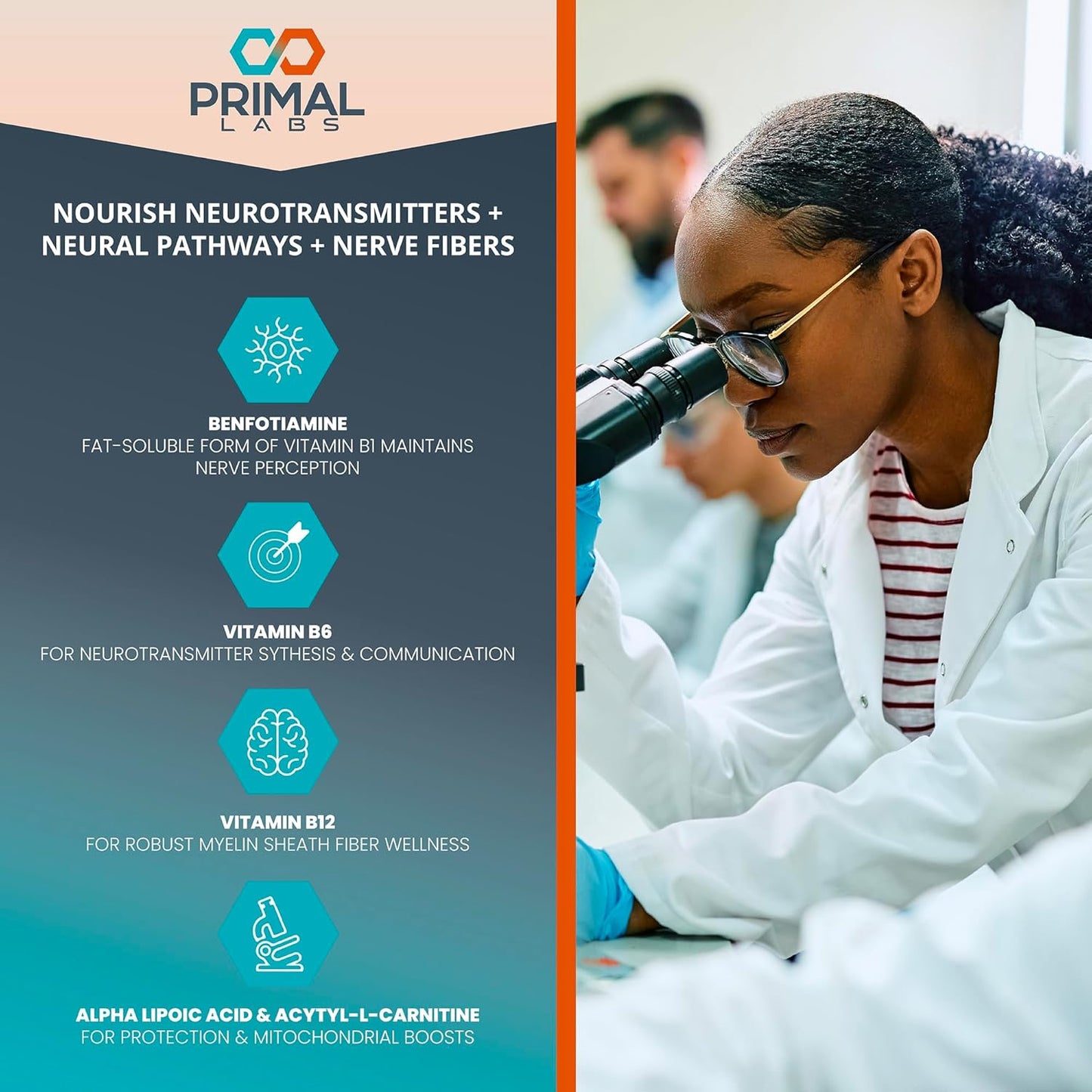 Primal Labs Advanced Nerve Support - Nerve Wellness Supplement with Benfotiamine, B6, B12, Alpha Lipoic Acid, Acetyl-L-Carnitine - Nerve Wellness, Feet, Legs, Sensory Function, Comfort - 60 ct.