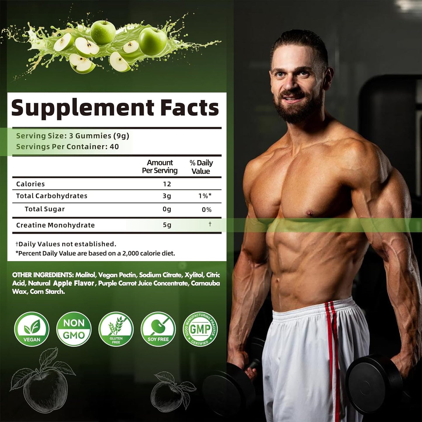 Creatine Monohydrate Gummies for Men & Women-5g of Creatine Monohydrate per Serving - Sugar Free,Vegan, Apple Flavor, 120 Count