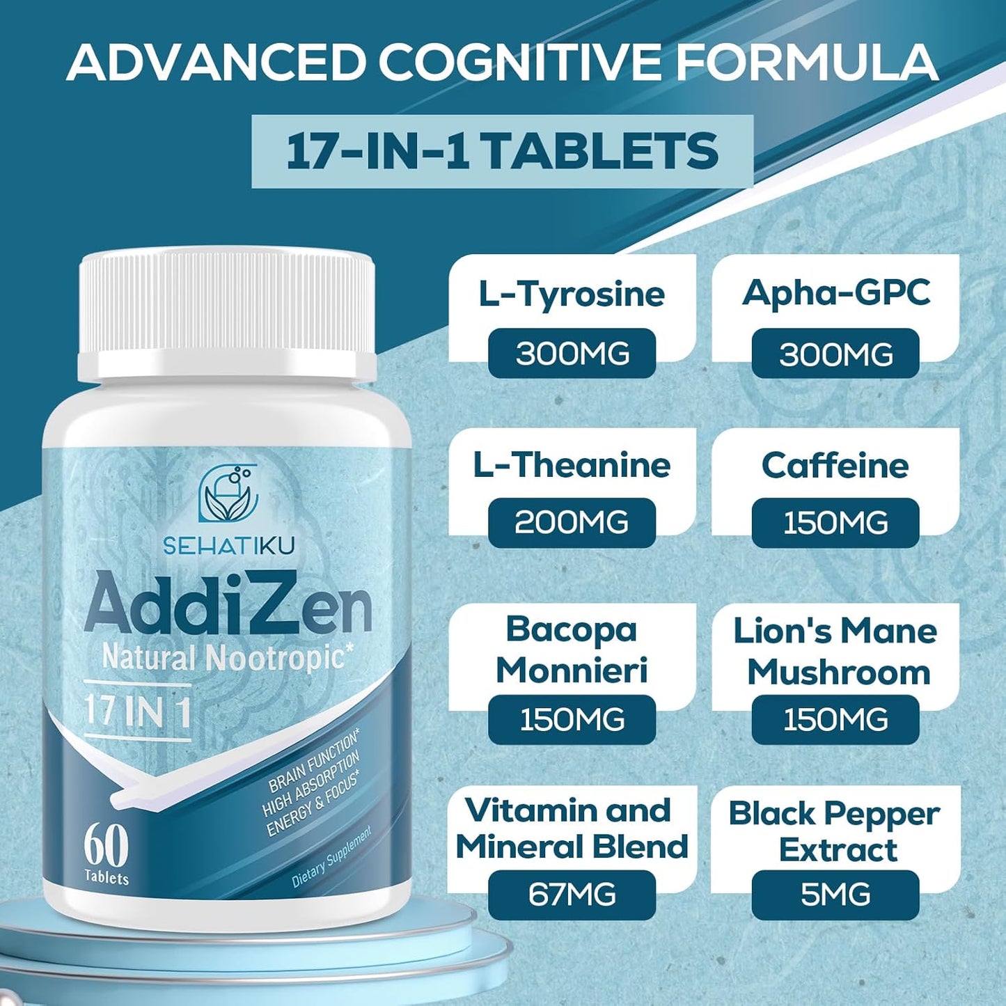 17-in-1 Brain Supplement for Memory and Focus | Natural Nootropics Brain Supplement for Brain Cognition, Energy | High Absorption | L-Theanine, Phytonutrient Blend and Vitamins B6, B12 | 2 Bottles