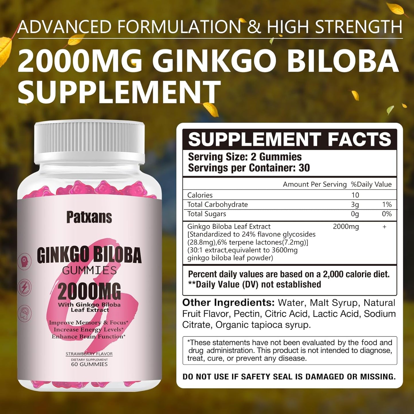 2 Packs 2000mg Ginkgo Biloba Gummies - Ginkgo Biloba Supplements for Brain Health Support, Improve Mood and Focus, Energy, Adult, Strawberry Flavor, 120 Count