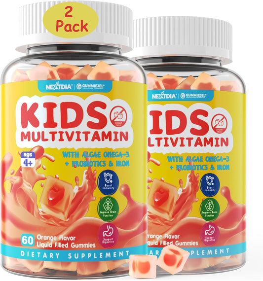 (2 Pack) Kids Multivitamin Gummies with Iron, Sugar Free, Kids Daily Vitamins + Probiotics, Algae Omega 3 (EPA/DHA), A, C, D, Methyl B12, Folate, B6, Zinc, Biotin, for Healthy Growth, Immune Support