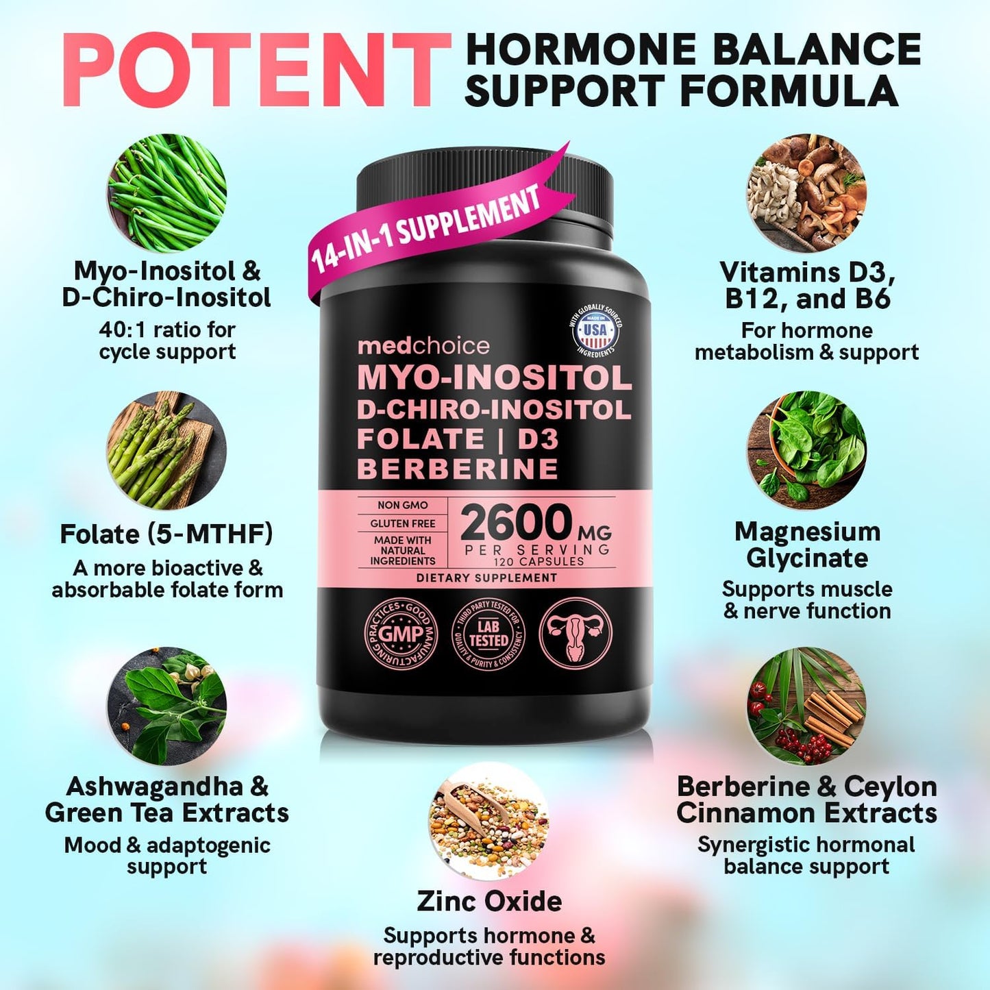 MEDCHOICE 14-in-1 Inositol Supplement Hormone Support for Women - 40:1 Myo-inositol and D-Chiro Inositol Ovarian Support Capsules for Hormone Balance, Hair, Skin, and Energy (120 ct, Pack of 3)