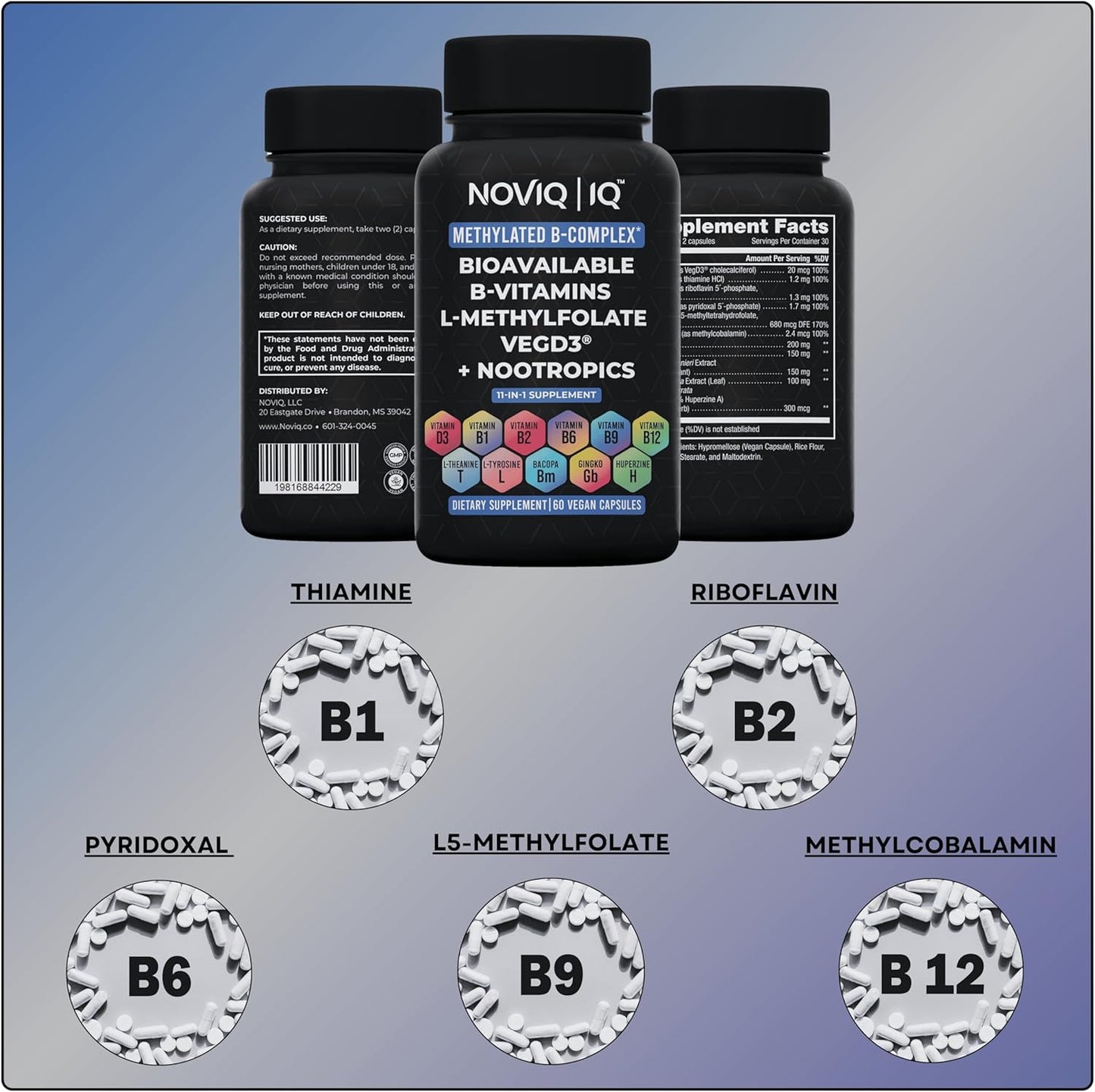 11-in-1 Methylated B-Complex Supplement: 680mcg L-Methylfolate(5-MTHF) Thiamine(B1) Riboflavin(B2) Pyridoxal(B6) Methylcobalamin(B12) - VegD3® + Nootropics - 1,100mg+ Serving - 60 Count