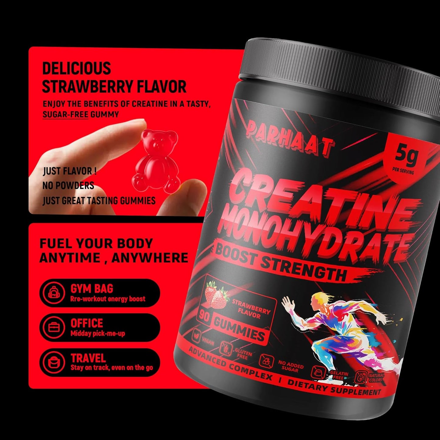 Creatine Monohydrate Gummies 5g for Men & Women - Boost Focus,Strength, and Endurance, Anti-Melting Formula, Vegan, Gluten-Free, Non-GMO, 2.5 Gram Creatine per Gummy (Strawberry 90 ct)