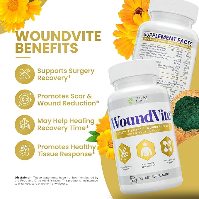 Zen Nutrients WoundVite Pre & Post Surgery Support, Scar & Wound Care, Scar Treatment, Plastic & General Surgery, Heal Faster & Aids in Recovery Time w/Bromelain, Turmeric & Arnica - 60 Vegan Caps