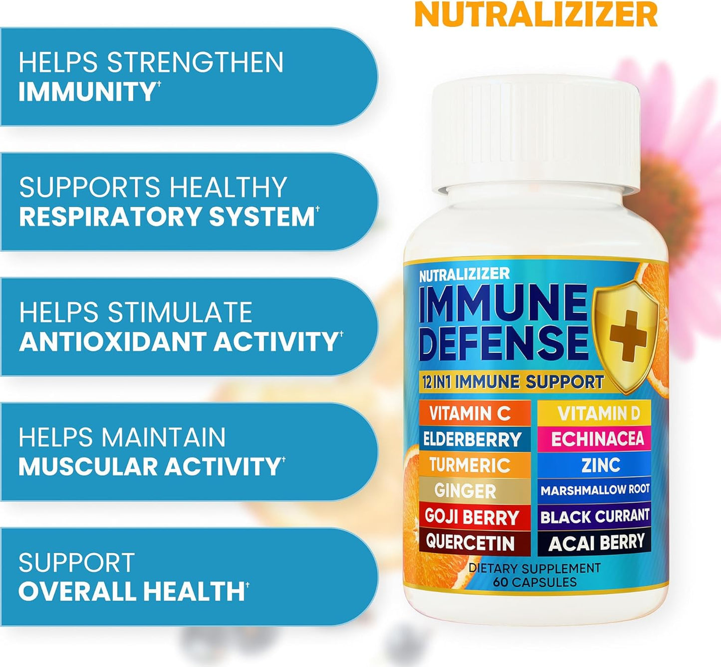 12 in 1 Immune Defense Vitamins - Immune Support Supplement w/VIT D3, Vitamin С, Zinс, Echinacea, Elderberry, Ginger &More - Natural Immunity System Booster - Immune & Muscle Health 120cs