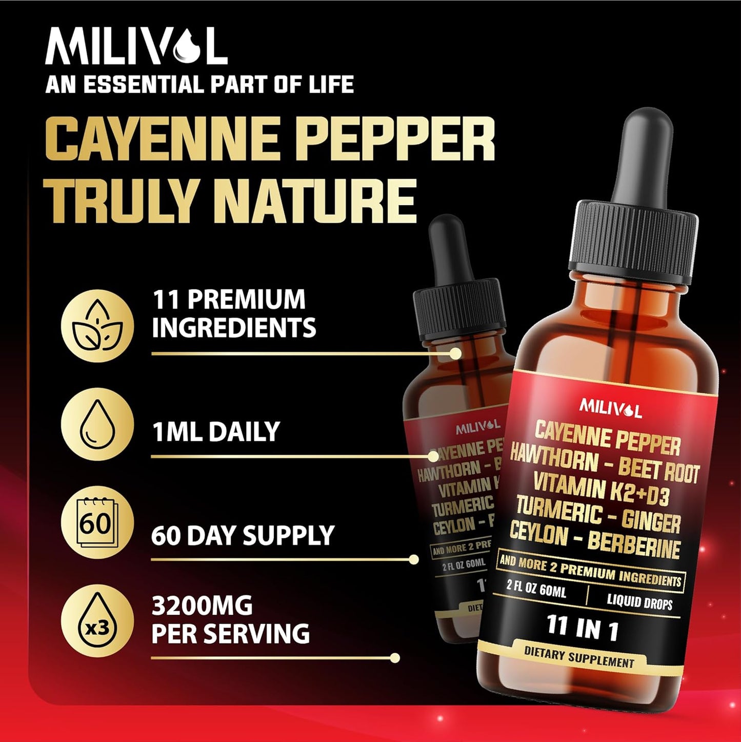 11in1 Cayenne Pepper Liquid Drops with Hawthorn Berry, Vitamin D3 K2, Beet Root, Garlic, Ginger, Ceylon Cinnamon, Turmeric, Berberine and Bitter Melon - 60 Days Supply - 2Fl Oz