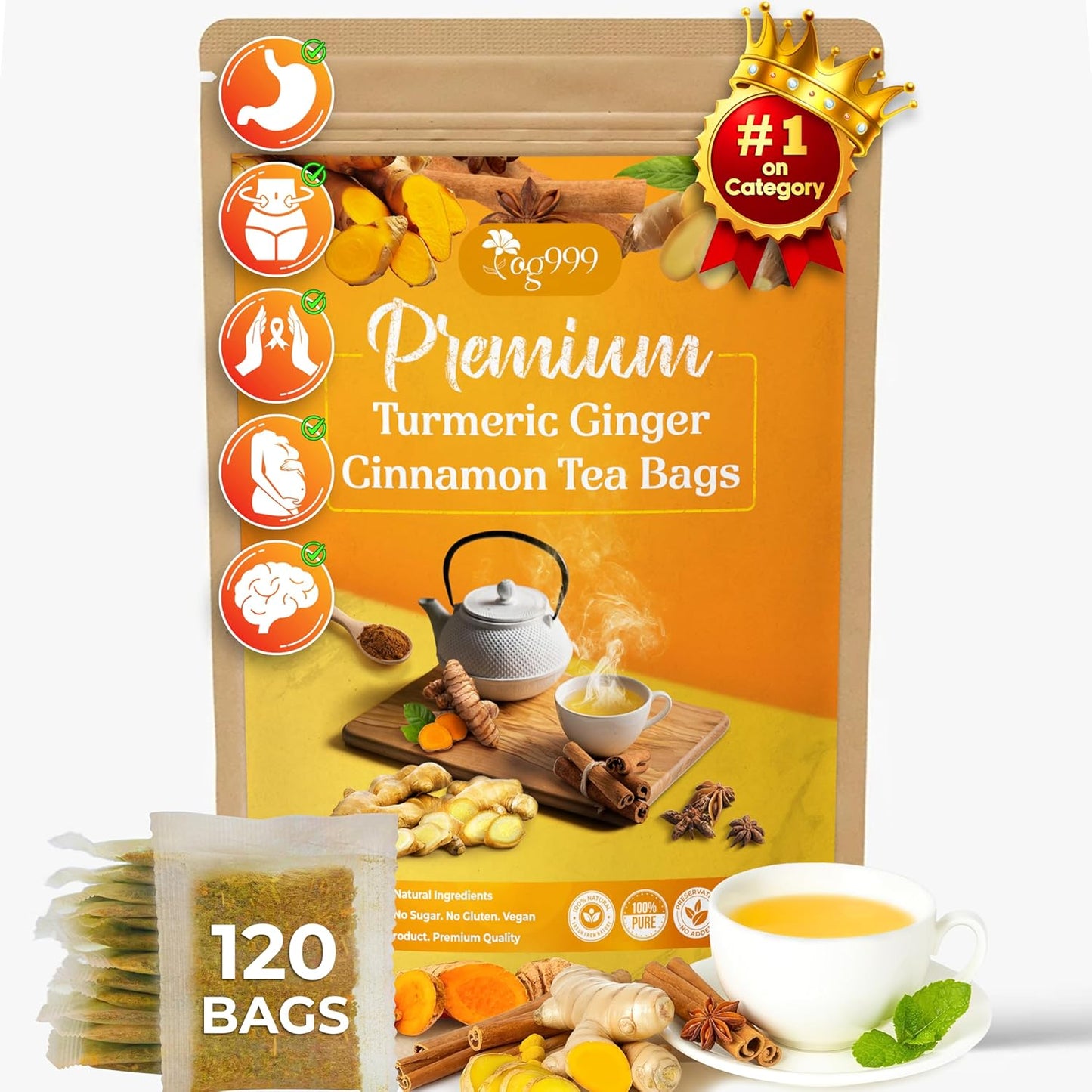 120 Bags Premium Turmeric Ginger Cinnamon Tea, Improve Digestion, Support Brain, Weight, Skin and Sleep, Eco-Conscious Tea Bags and Premium Natural Ingredients. Turmeric Ginger Herbal Tea. No Sugar, No Caffeine, No Gluten, Vegan.