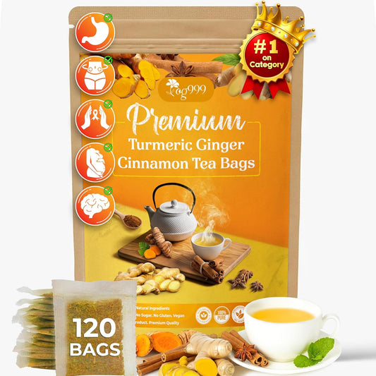 120 Bags Premium Turmeric Ginger Cinnamon Tea, Improve Digestion, Support Brain, Weight, Skin and Sleep, Eco-Conscious Tea Bags and Premium Natural Ingredients. Turmeric Ginger Herbal Tea. No Sugar, No Caffeine, No Gluten, Vegan.