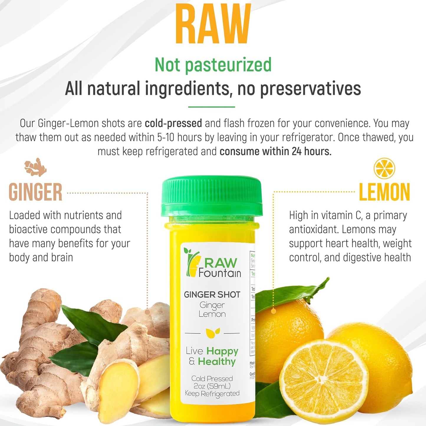 20 Ginger Shots with Lemon 2fl Oz, Vitamin C, Raw and Cold Pressed, Unpasteurized, Boosts Immunity, All Natural, No Artificial Flavors or Preservatives