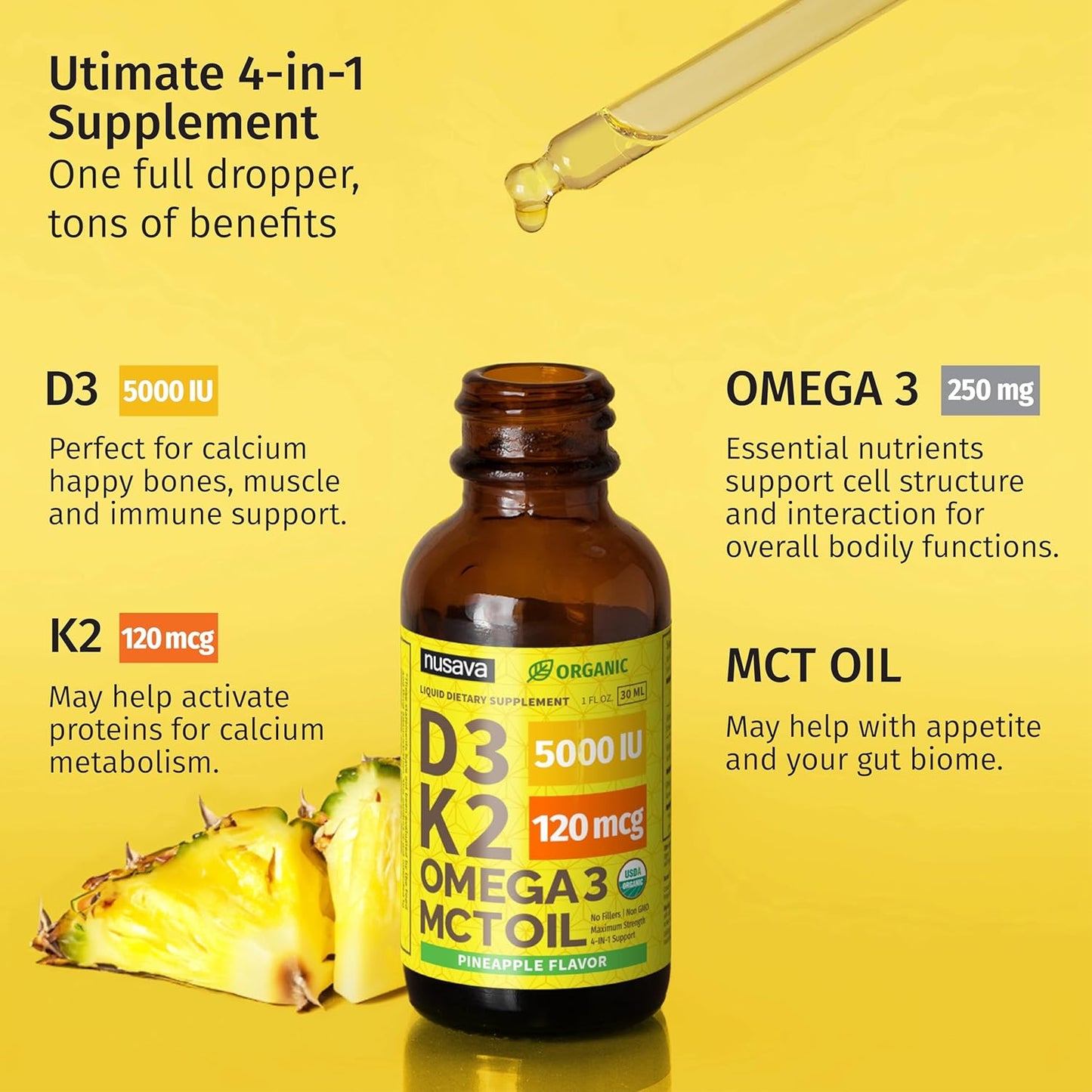 (4 Pack) Organic Vitamin D3 K2 Drops with MCT Oil Omega 3, Maximum Strength Vitamin D Liquid 5000 IU, No Fillers, Non-GMO Liquid D3 for Faster Absorption and Immune Support (Pineapple, 4 Fl Oz)