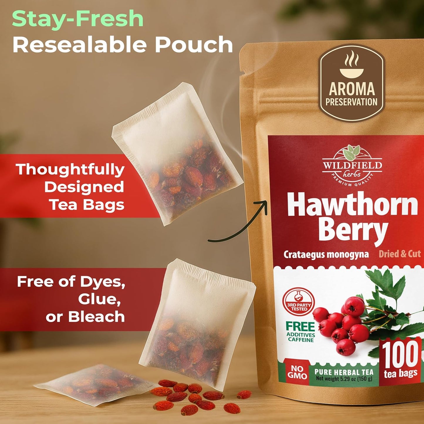 100 Bags Hawthorn Berry Herbal Tea (Crataegi fructus) – 100 Tea Bags 1.5g Hawthorn Fruit Espino Blanco