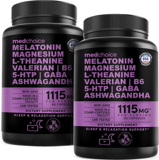 12-in-1 Melatonin Sleep Capsules - Natural Sleep Aids for Adults with Melatonin 5mg and Magnesium Glycinate 500mg, Sleep Aid with Ashwagandha, L Theanine, Valerian Root, GABA, 5-HTP (90ct, Pack of 2)