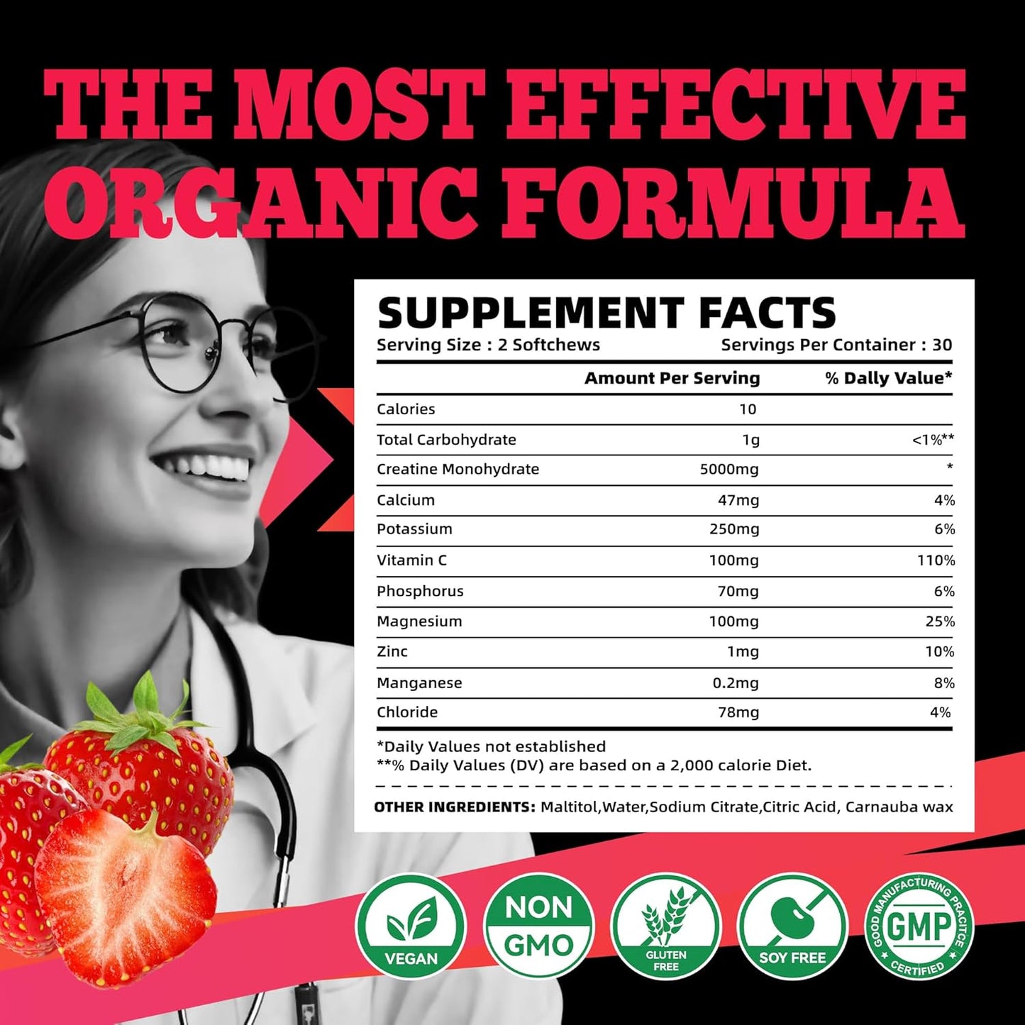 Creatine Monohydrate Chews (5g) – Pre-Workout Energy & Muscle Growth Support for Men & Women | Strawberry Electrolyte Gummies (60 Count)