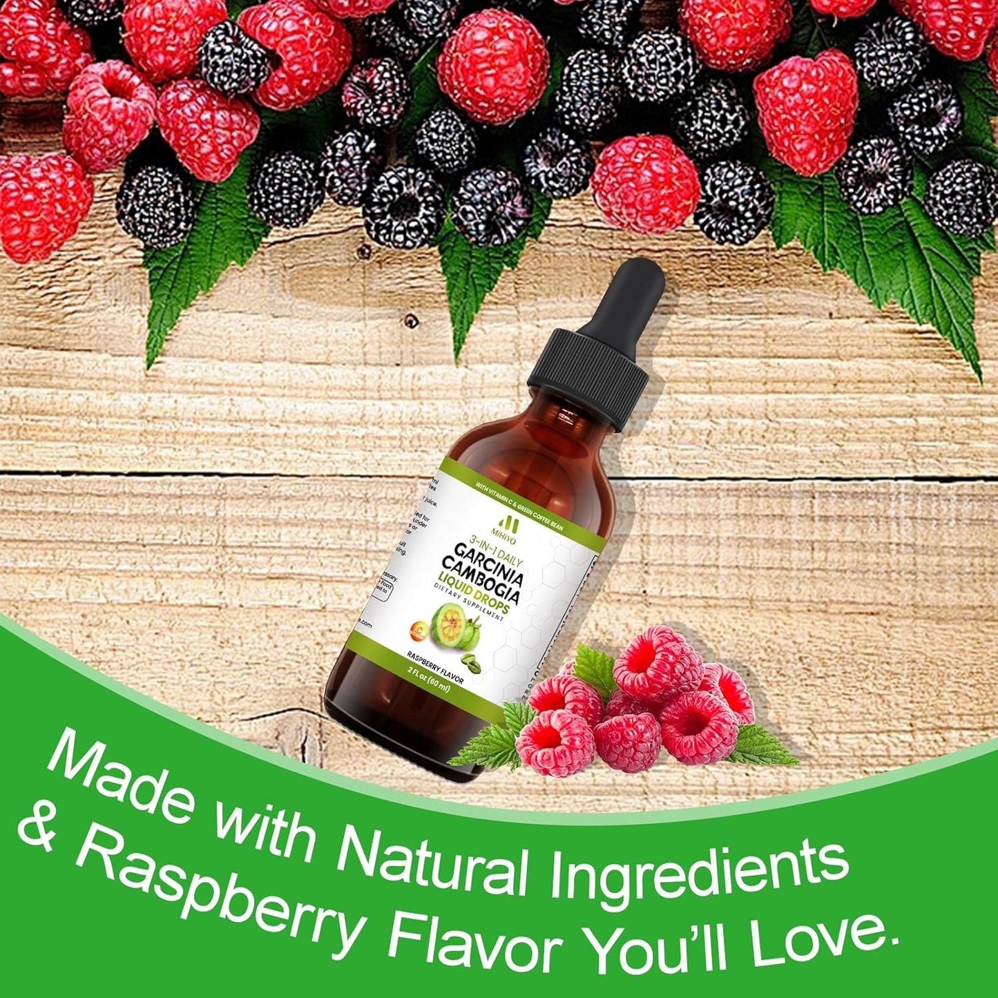 3-in-1 Garcinia Cambogia Liquid Drops - Natrual Extract with Green Coffee Bean & Vitamin C - Support Health and Wellness - Stronger Than Pills & Capsules - Natural Raspberry Flavor - 2 fl oz (60 ml)