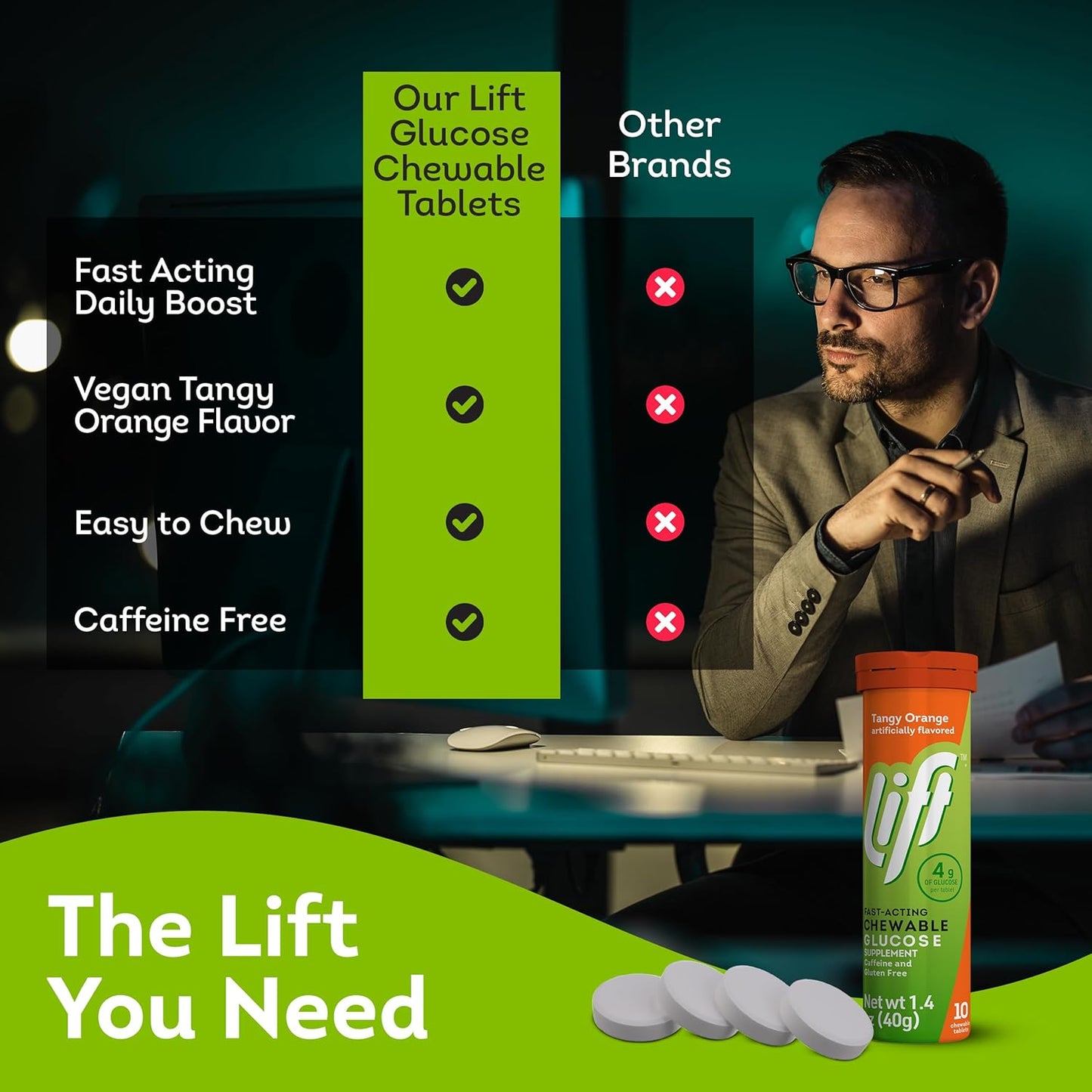 Lift Glucose Fast-Acting Glucose Chewable Energy Tablets, Orange, 10 ct Tube (Pack of 12)