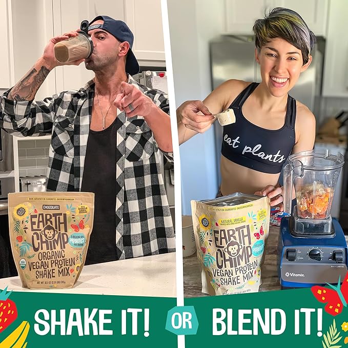 EarthChimp Organic Vegan Protein Powder - with Probiotics - Non GMO, Dairy Free, Non Whey, Plant Based Protein Powder for Women and Men, Gluten Free - 26 Servings 32 Oz (Vanilla)