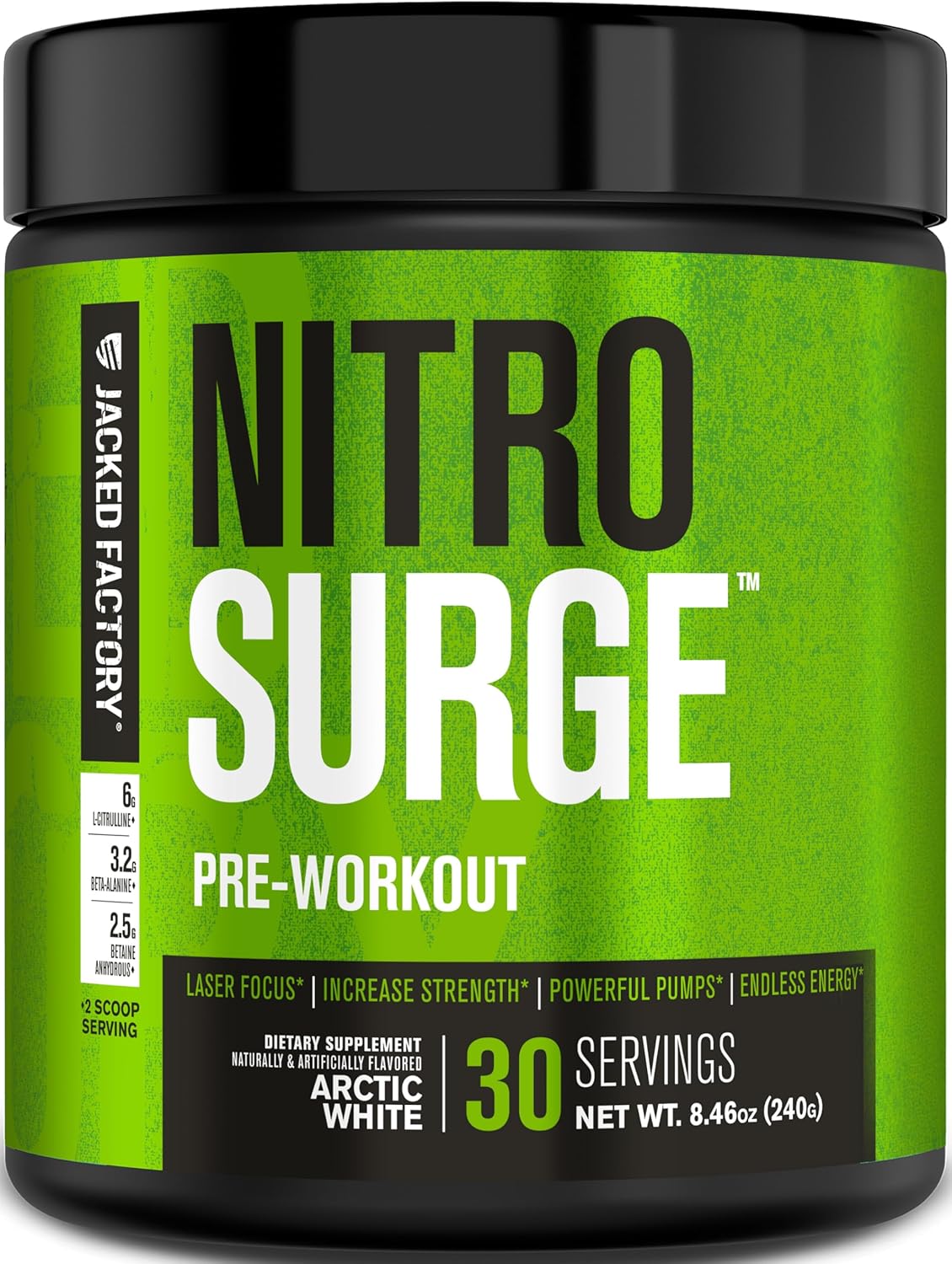 Jacked Factory NITROSURGE Pre Workout Supplement - Endless Energy, Instant Strength Gains, Clear Focus, Intense Pumps - NO Booster & Powerful Preworkout Energy Powder - 30 Servings, Arctic White