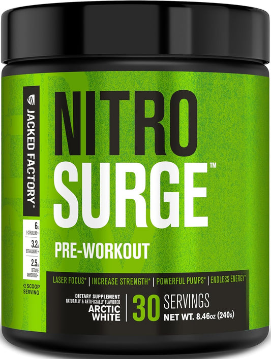 Jacked Factory NITROSURGE Pre Workout Supplement - Endless Energy, Instant Strength Gains, Clear Focus, Intense Pumps - NO Booster & Powerful Preworkout Energy Powder - 30 Servings, Arctic White