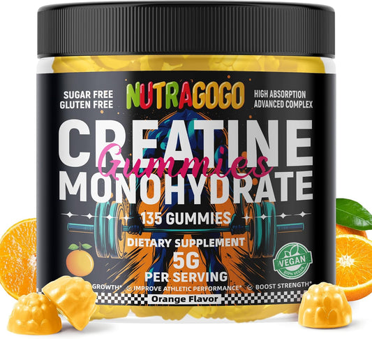 Creatine Monohydrate Gummies for Men & Women-5g of Creatine Monohydrate per Serving - Sugar Free,Vegan, Organe Electrolyte Chews, 135 Count
