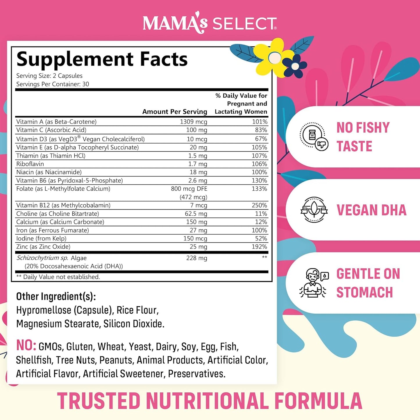 Mama's Select Prenatal Vitamins with Vegan DHA – Fish-Free, No Fish Burps, Allergen-Free, MTHFR Support, Methylated Folate & B Vitamins, Digestive-Friendly, No Biotin