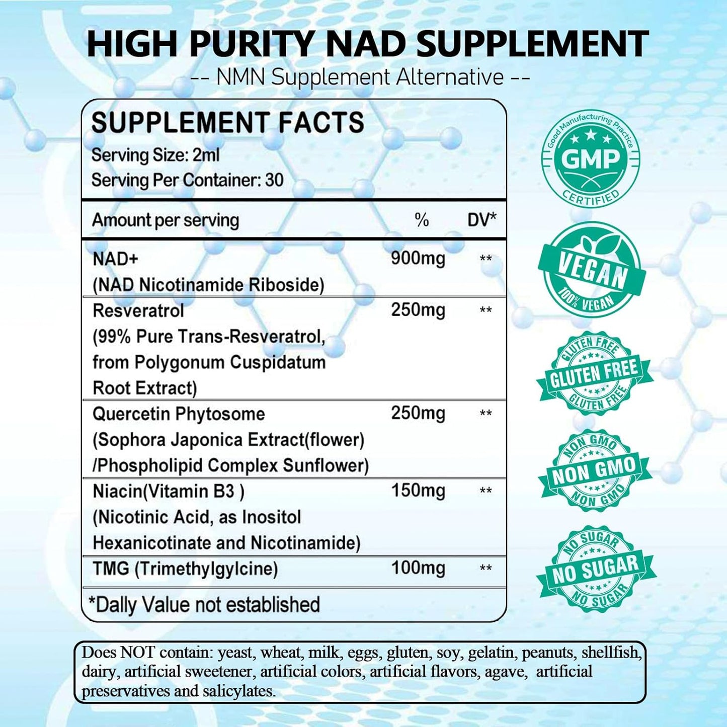 2 Pack NAD Supplement, Liposomal NAD Nicotinamide Riboside Resveratrol 900mg Quercetion, TMG, Vitamin B3, High Potency NAD+ Liquid Supplement for Cell Regenerator, Longevity, Energy