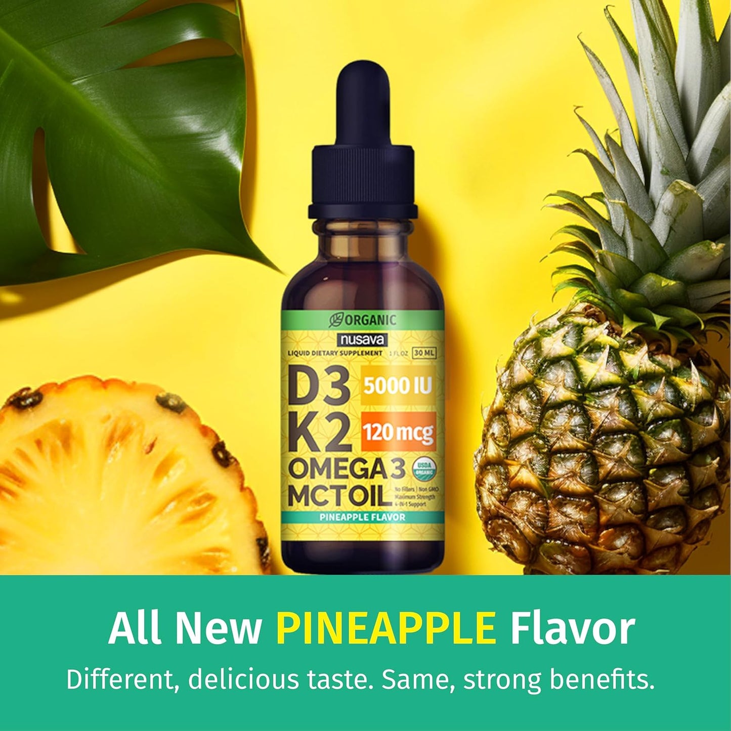 (4 Pack) Organic Vitamin D3 K2 Drops with MCT Oil Omega 3, Maximum Strength Vitamin D Liquid 5000 IU, No Fillers, Non-GMO Liquid D3 for Faster Absorption and Immune Support (Pineapple, 4 Fl Oz)
