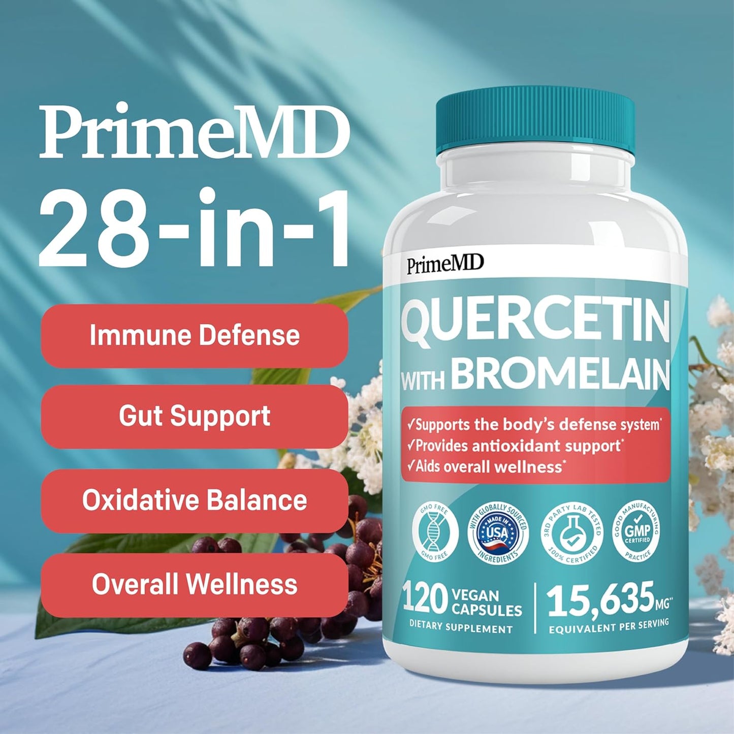 28-in-1 Quercetin with Bromelain Supplement - Quercetin 500mg Capsules for Daily Immune Defense Support - Quercetin with Vitamin C and Zinc for Adults Enriched with Vitamin D (120 ct, Pack of 2)