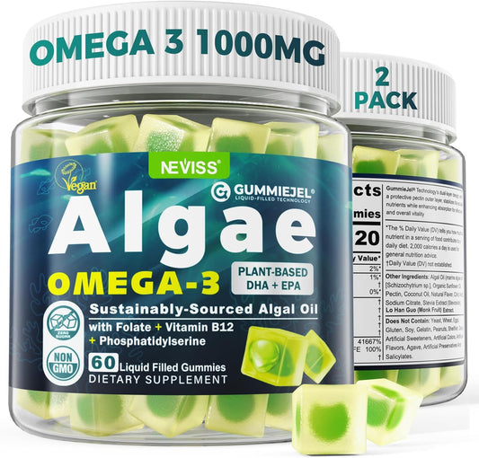 2 Pack Algae Omega 3 Gummies 1000mg, Plant Based DHA 460mg & EPA 230mg, Omega 3 Fish Oil Alternative for Adults, Plus MethylFolate, Vitamin B12, Phosphatidylserine, No Fishy Taste, Vegan, Sugar Free