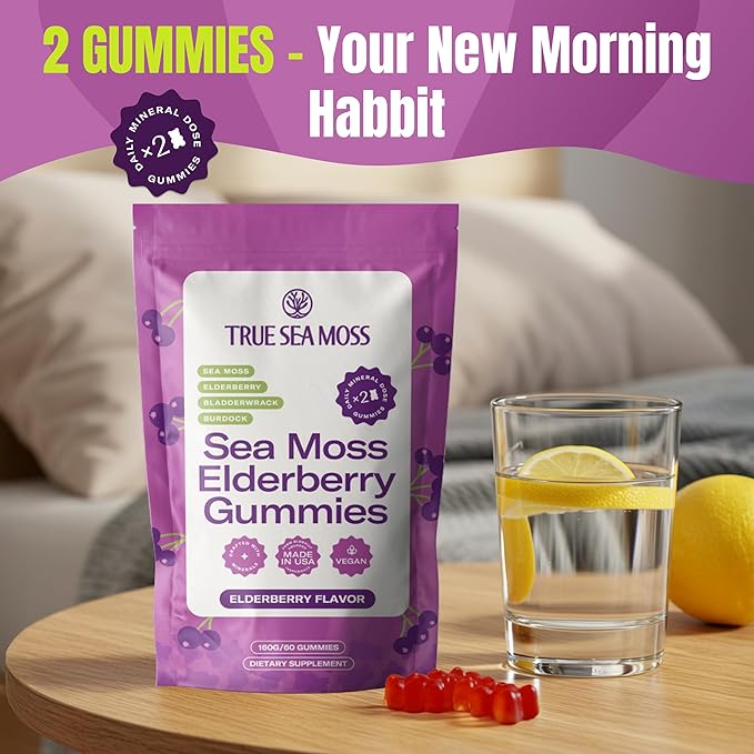 TrueSeaMoss Sea Moss Elderberry Gummies for Adults & Kids – with Burdock Root, Bladderwrack & Magnesium – 60 Gummies (Pouch May Vary)