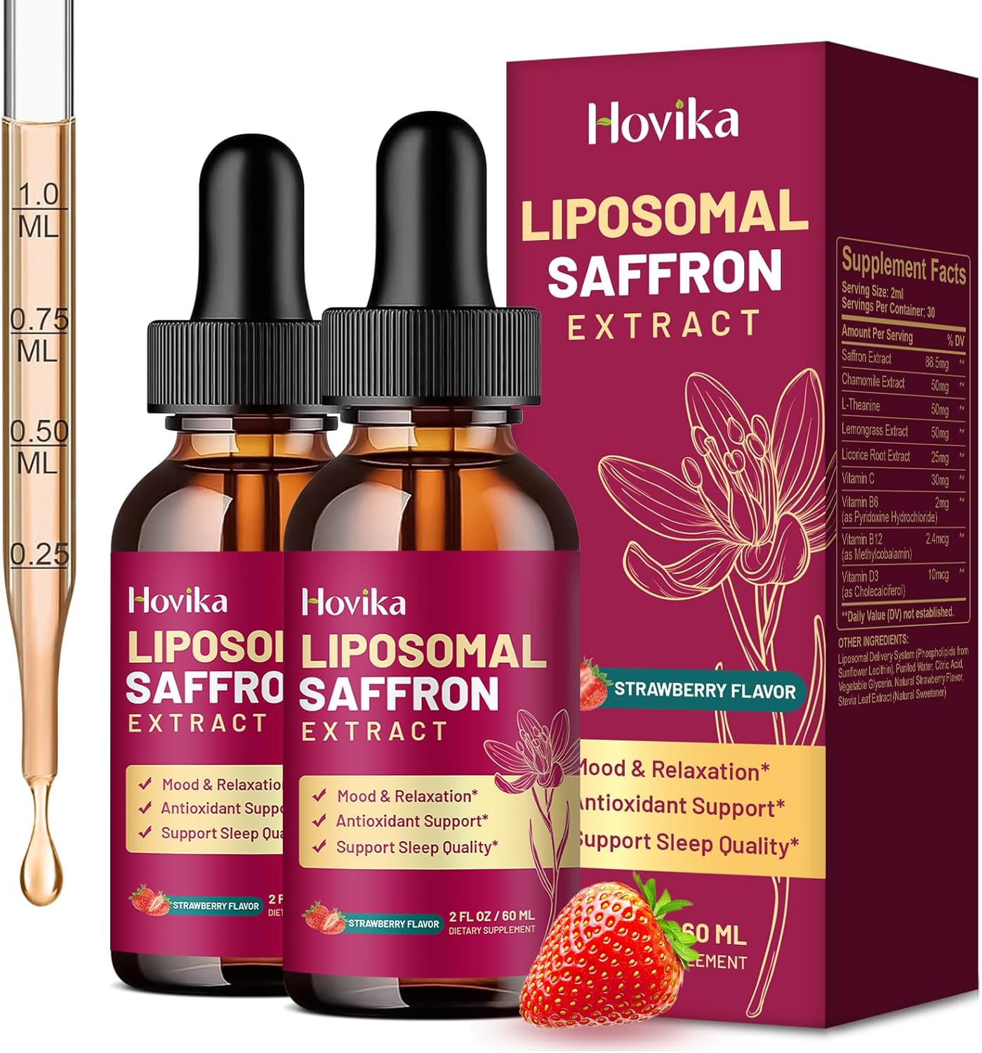 2 Pack Liposomal Saffron Supplements - 88.5mg Saffron Extract Liquid Drops with L-Theanine, Chamomile, Vitamin C, B6, B12 & D3 for Antioxidant, Immune, Mood, Energy, Focus & Sleep - Strawberry Flavor