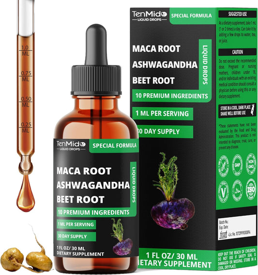 10in1 Maca Liquid Drops with Ashwagandha, Fenugreek, Beet Root, L-Arginine,Turmeric,Ginseng & More - 30 Days Supply - 1FL Oz