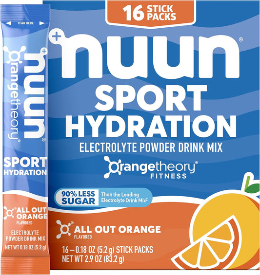 Nuun Sport Electrolyte Powder Packets with Magnesium, Calcium, Potassium, Chloride, and Sodium, Hydration Packets for On-The-Go, All Out Orange Flavor, Gluten Free & Vegan, 16 Single Servings