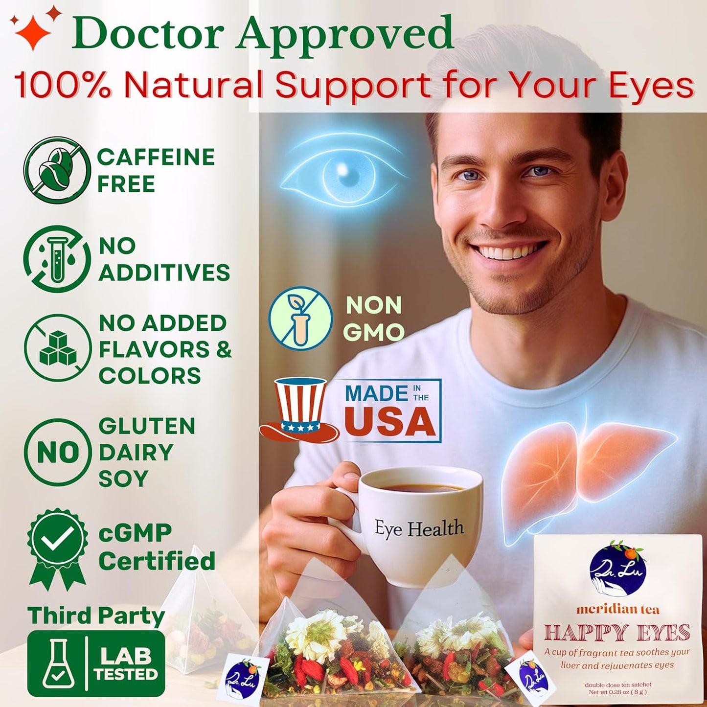 2 Pack of Dr. Lu’s Happy Eyes Tea | 100% Natural Eyebright Tea for Liver Cleanse | Liver Detox tea for Eye Health Made in US