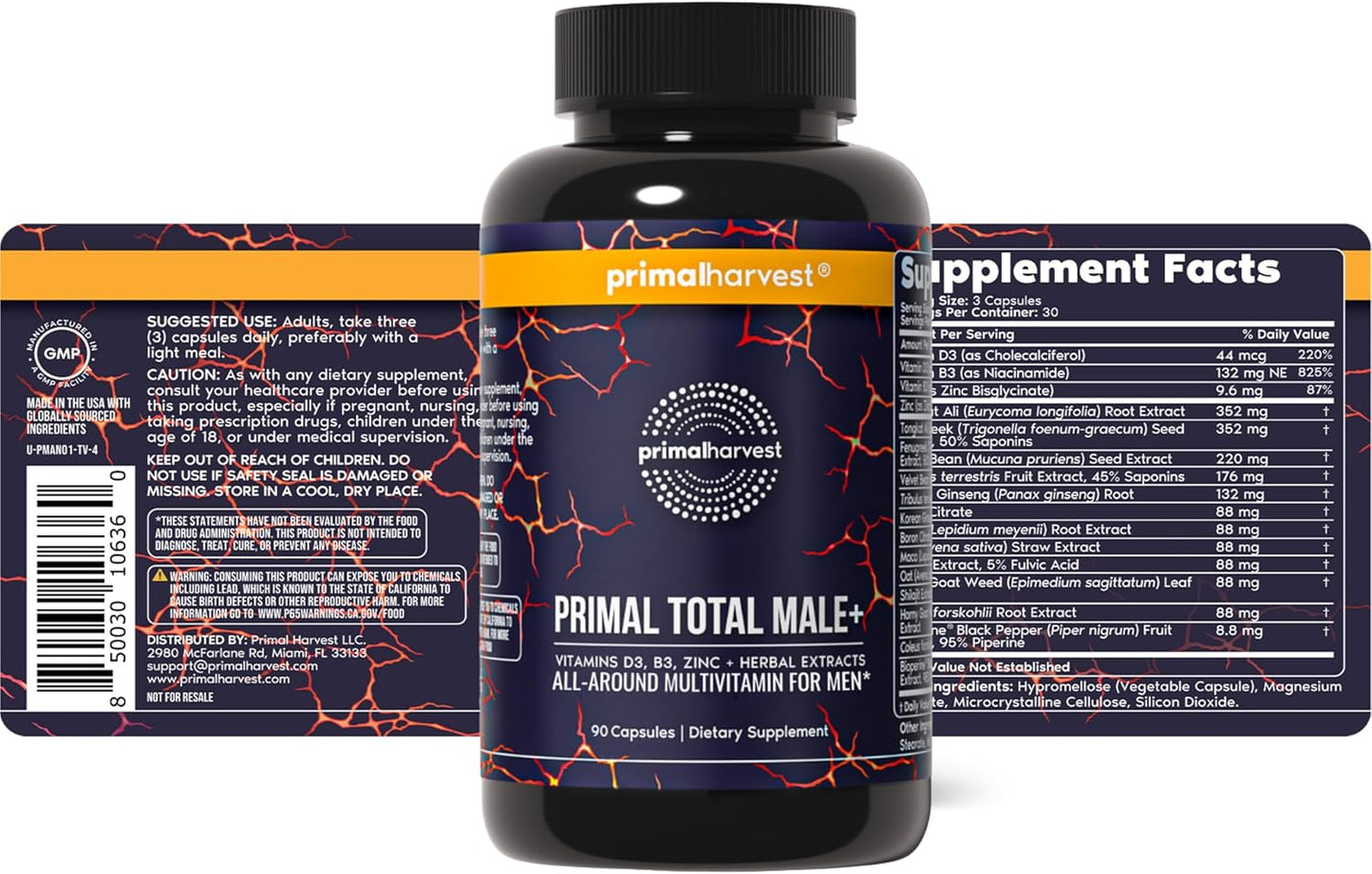 Primal Harvest Total Male+ Multivitamin for Men with Essential Vitamins, Minerals and Herbal Support for Energy, Vitality, Immune Health and Performance