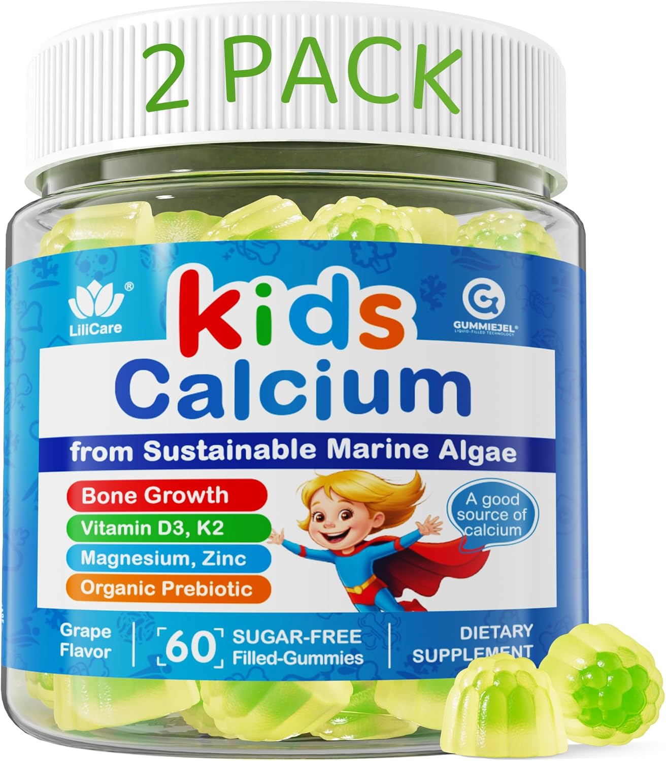 2 Pack - Calcium for Kids 400mg, Sugar Free Kids Calcium Gummies w/Vitamin D3 K2, Magnesium, Zinc, Extra Absorption Algae Calcium for Children Bone Strength, Development, Chewable Kids Vitamins Vegan