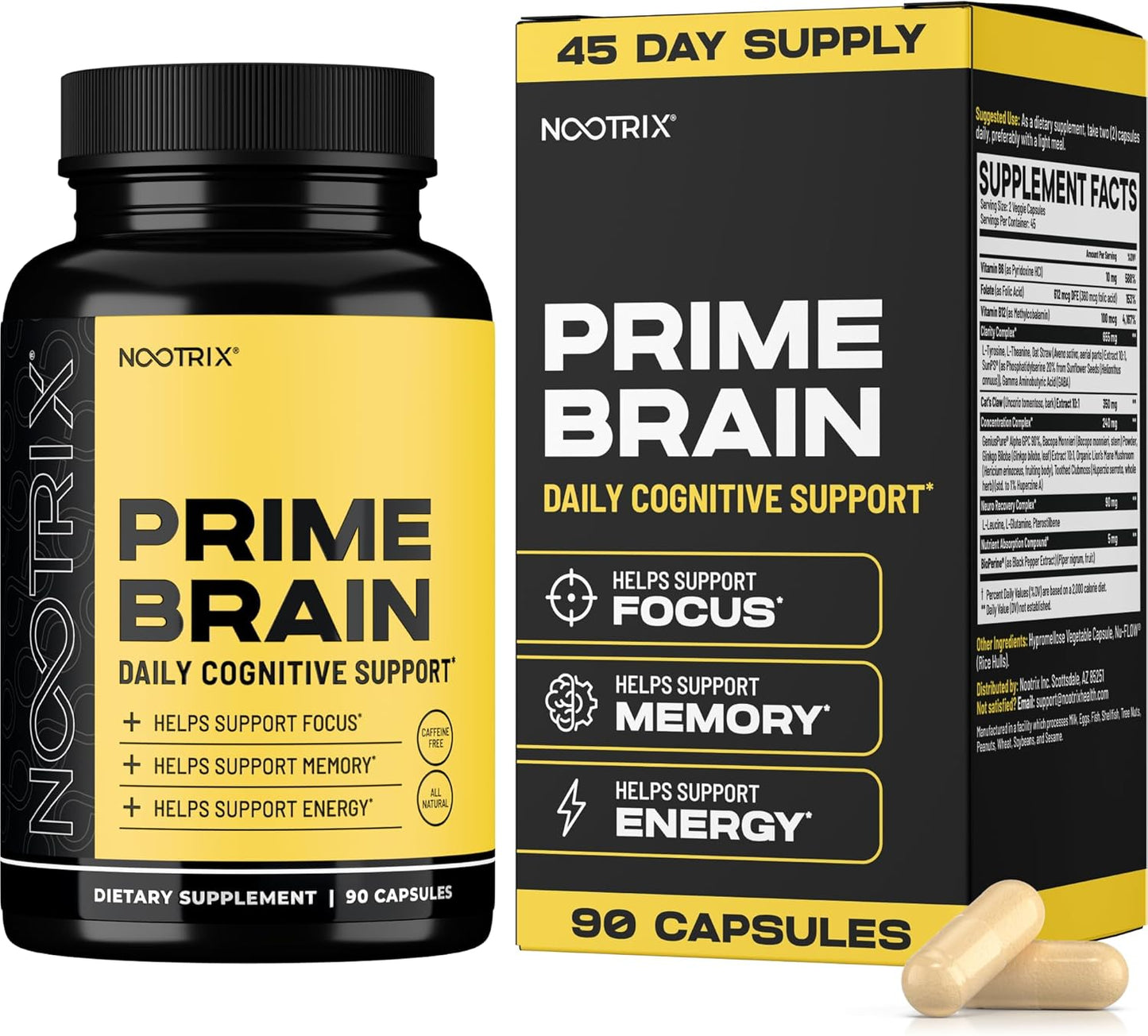 Prime Brain Nootropic Supplement | Supports Memory, Mental Focus, Cognitive Health & Energy | Promotes Healthy Mood & Brain Function | Ginkgo Biloba, Lion's Mane & L Theanine | 90 Capsules