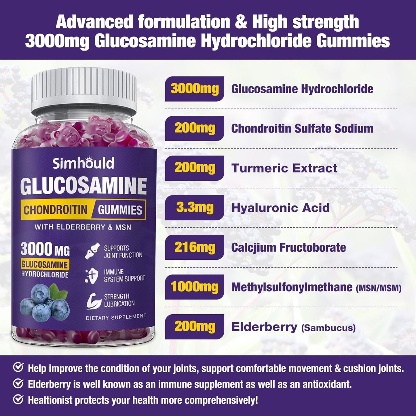 3 Packs Glucosamine Chondroitin Gummies - 3000MG Extra Strength Joint Support Supplement with MSM & Elderberry, Flexibility, Antioxidant Immune Support Gummy for Adults, Men & Women